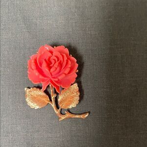 Pink Rose Brooch with Gold Leaves